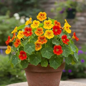 Bright nasturtium flowers blooming in vibrant shades of orange, yellow, and red with rounded green leaves.